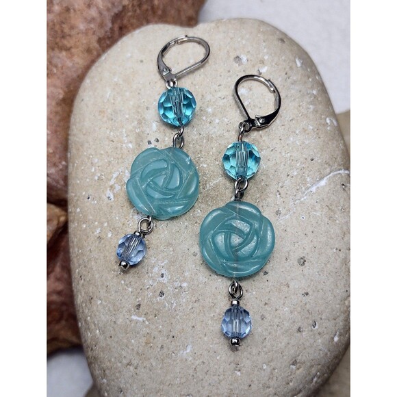 Belle Poque Jewelry - Blue Stone Carved Flower Crystal Beaded Dangle Earrings
